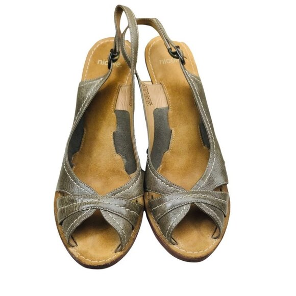 Nicole Lotus Peep Toe Leather Olive wedge Sandals Women size 9.5 - Picture 7 of 15